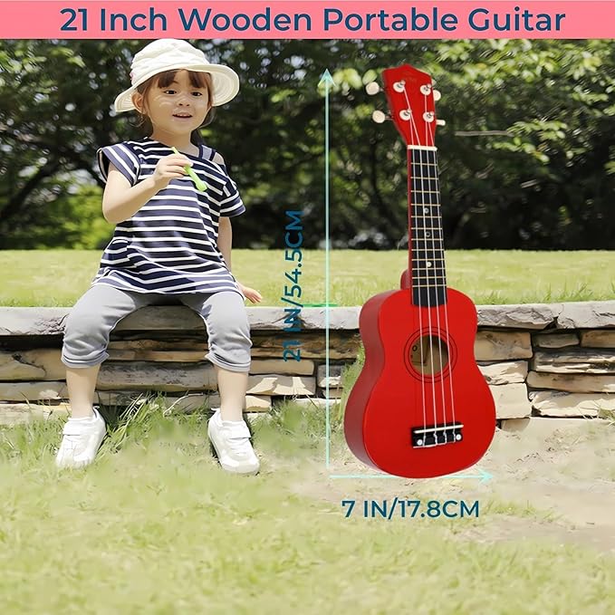 21 Inch Wooden Kids Toddler Child Children Acoustic Guitar Musical Instruments Ideal for 3-9 Year Old Boys Girls Gifts (Red)