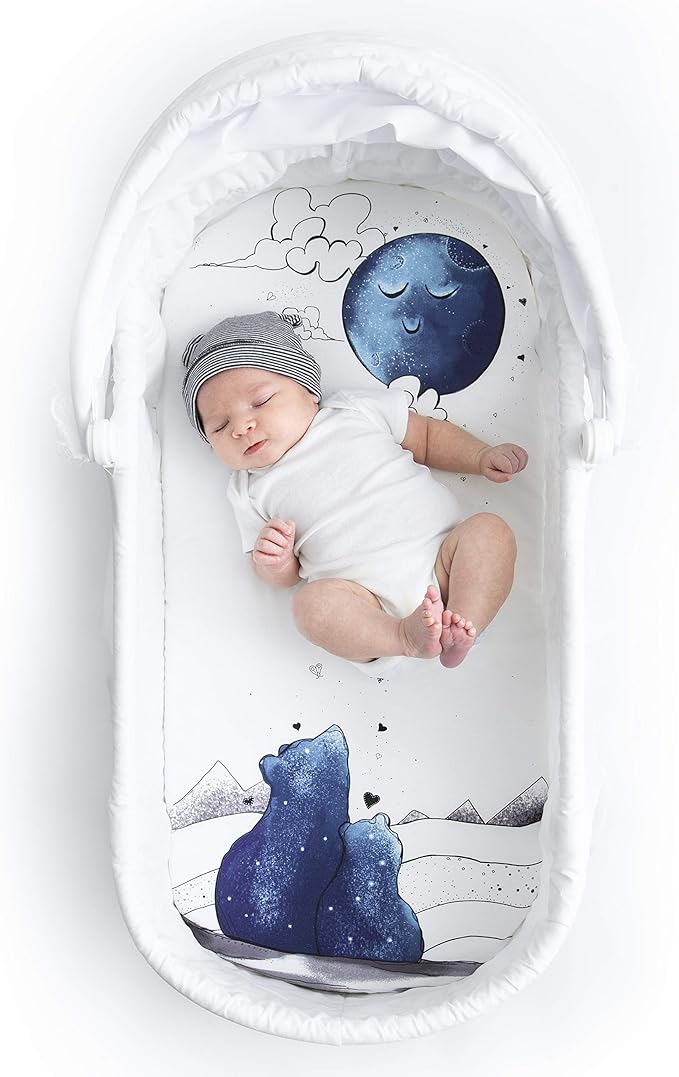 JumpOff Jo - Hypoallergenic Fitted Bassinet Sheet for Baby Boys & Girls - Rectangular, Hourglass & Oval Crib Compatible, Soft, Breathable, Machine Washable - Mama Bear Blue