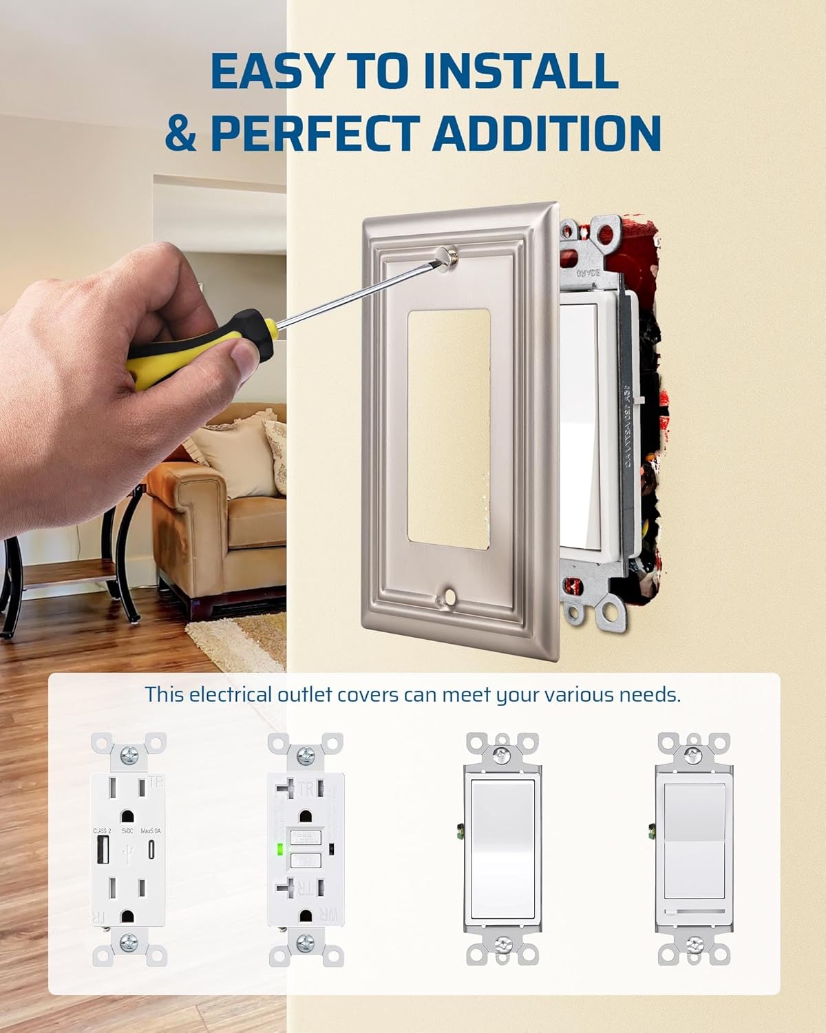 DEWENWILS Decorator Outlet Covers, Brushed Nickel Metal Light Switch Cover Plates, 4.92" x 3.14" Decorative Outlet Wall Plates, Switch Plate Covers for Home Decor, 2 Pack