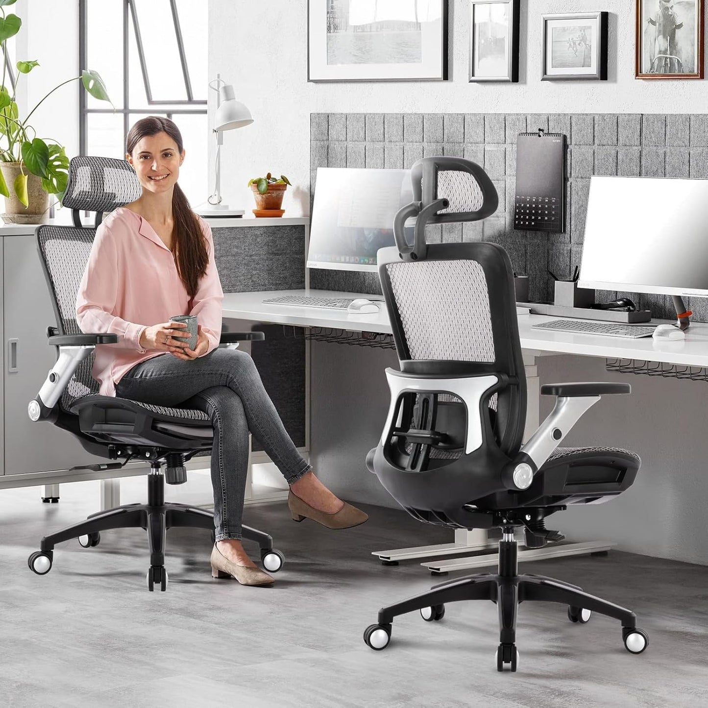 Ergonomic Mesh Office Chair with Footrest, High Back Executive Desk Chair with Adjustable Lumbar Support, Headrest and Tilt Lock, 4D Flip-up Arm-Grey