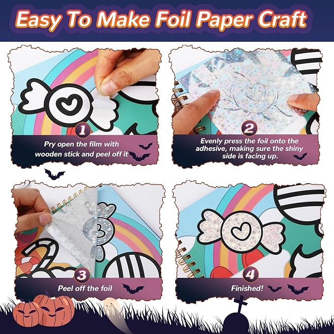 JULEASEL Halloween Foil Paper Arts and Crafts Kits, DIY Halloween Arts and Crafts for Kids, No Mess Foil and Coloring Books, Creative Spooky Art Gifts for Boys Girls Ages 4+