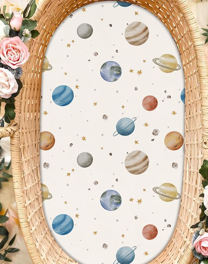 Bassinet Sheets for Baby Girls Boys 2 Pack, Fitted Baby Mattress Sheet for Rectangle, Oval, Hourglass Bassinet Mattress, Breathable Cozy & Universal Fit (Stellar Adventure)