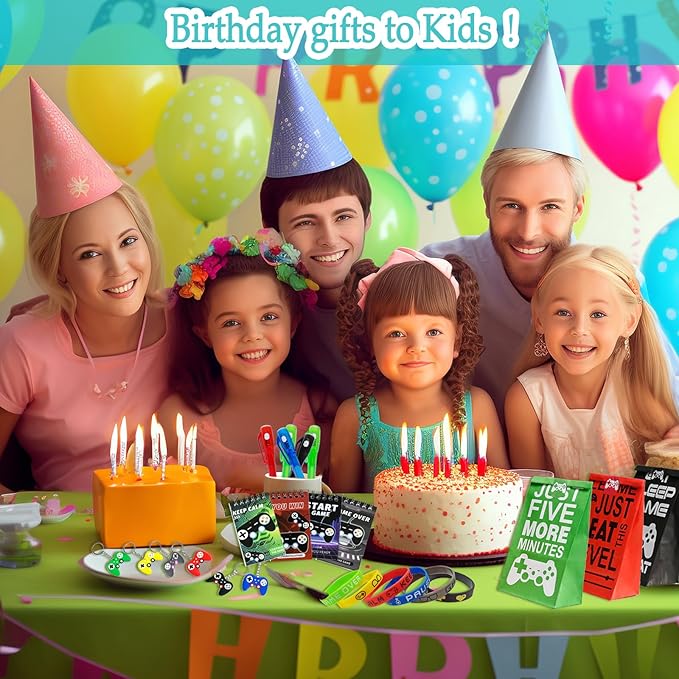 120 Pcs Video Game Party Favors Party Supplies Invisible Ink Pens Notebook Silicone Bracelet Gift Paper Bag Video Game Controller Keychain Birthday Supplies for Kids Gamer Party Favors
