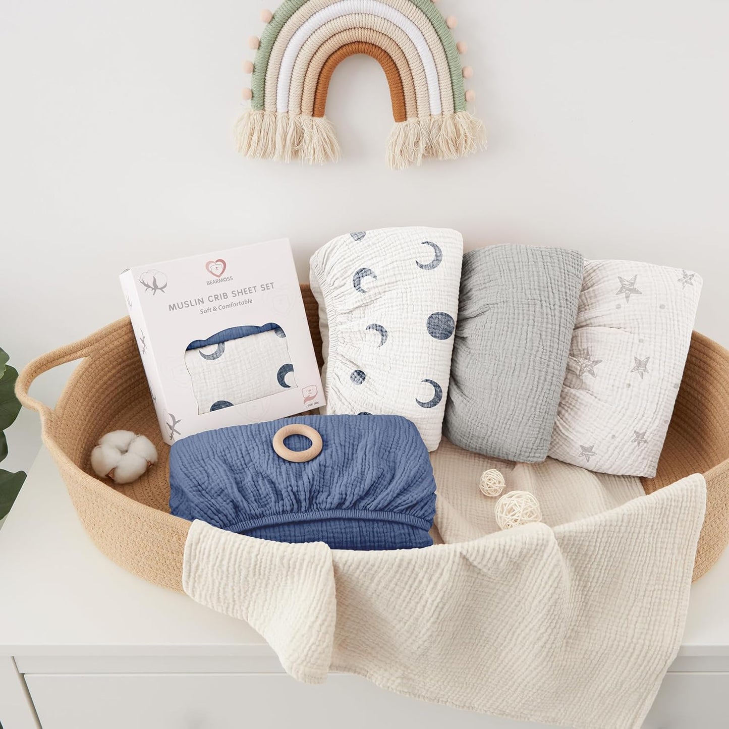 Bearmoss Muslin Crib Sheets 100% Cotton Baby Crib Sheets Soft&Breathable Nursery Sheet 52"x28" for Standard Crib Mattress&Toddler Bed Mattress - 2 Pack (Blue Crescent)