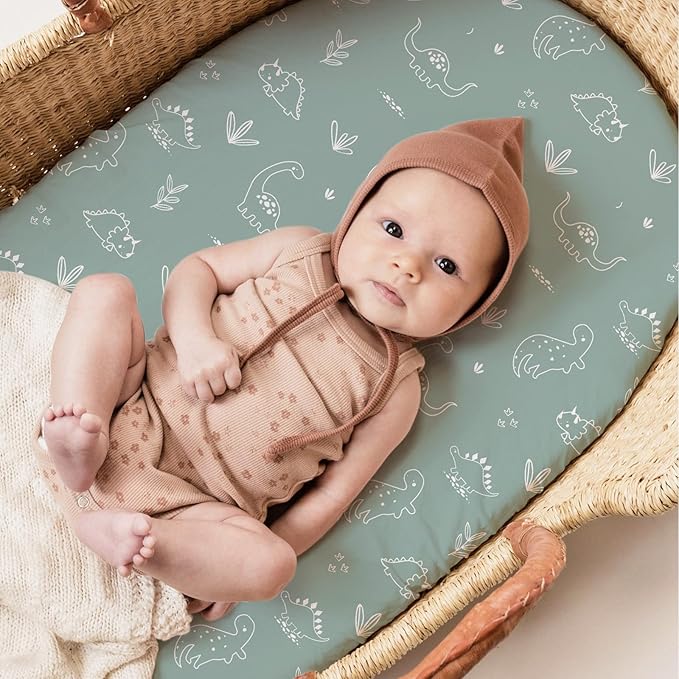Stretch Fitted Bassinet Sheet Set BROLEX 2 Pack Cradle Sheets for Bassinet Pad/Mattress,Unisex Boys Girls,Ultra Soft,Cute Dinosaurs