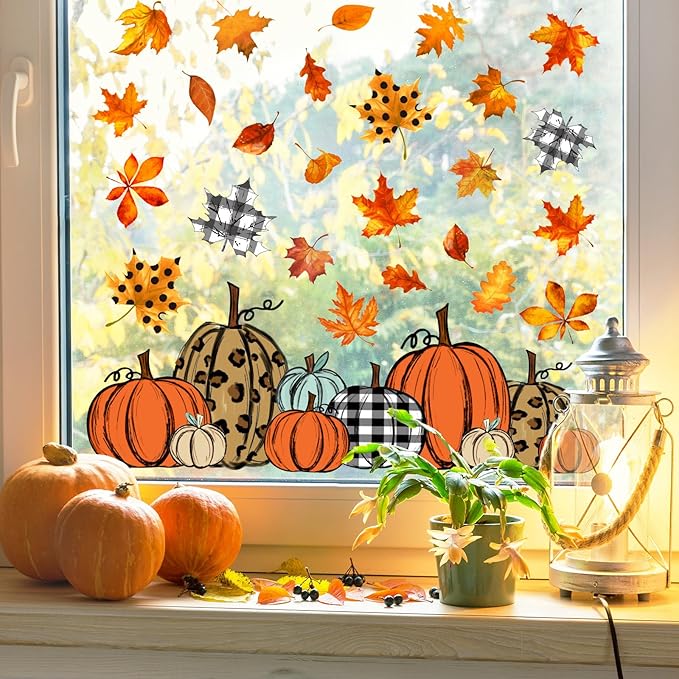 Whaline 138Pcs Fall Window Clings Thanksgiving Autumn Harvest Colorful Pumpkin Leaves Window Decals for Autumn Thanksgiving Home School Office Party Supplies Gifts