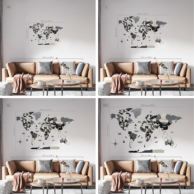 Colorfull Worlds 3D Wooden World Wall Art | Unique Wall Decor with Pins for Travel Enthusiasts | Home and Office Wall Décor | Grey | Large