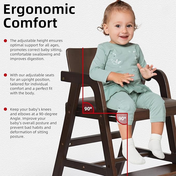 Wooden High Chair for Babies & Toddlers, Adjustable Kids Dining Chair with Removable Cushion (Walnut)