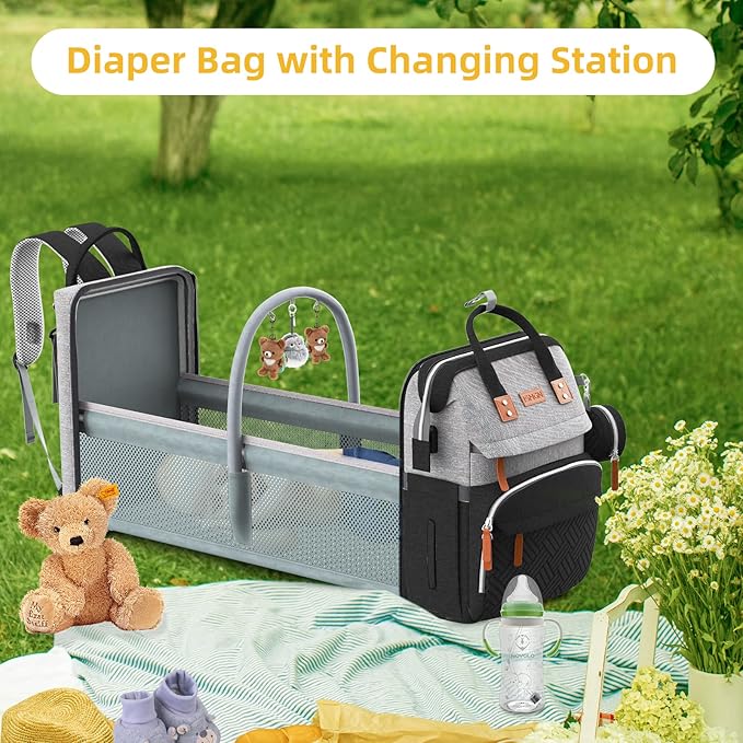 Diaper Bag Backpack with Changing Station, Multifunctional Diaper Bag, Extra Large Capacity, Baby Bag, GreyBlack