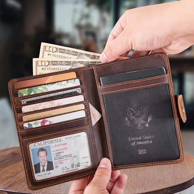 Polare Luxury RFID Blocking Leather Passport Holder Travel Wallet For Men and Women (Dark Brown(Snap Version))