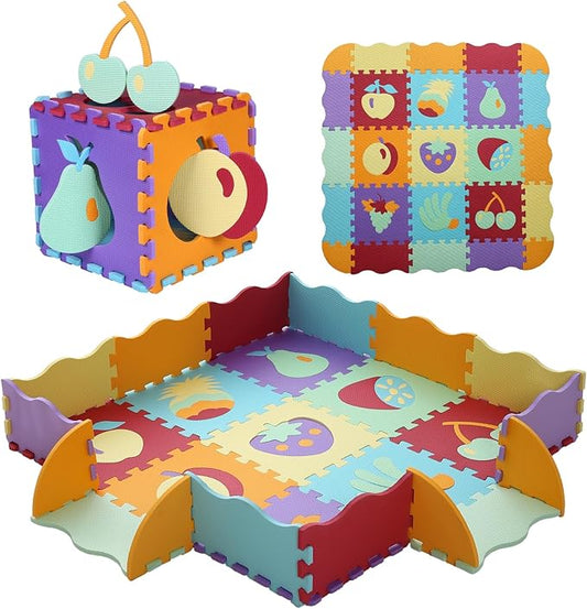 Foam Play Mat for Kids，25Pcs Square Interlocking Puzzle Floor Mat，Baby Play Mat Floor Mat Foam Puzzle Playmat for Toddlers with Fence（Fruit-CSH008
