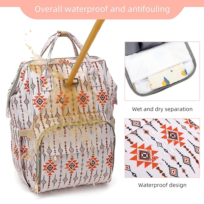 Diaper Bag Backpack, Diaper Bags for Baby Girls Boys, Baby Bags for Moms Dads, Nappy Changing Bag with Insulated Pockets,Multi-functional Waterproof Backpack with Stroller straps-Tribal Orange