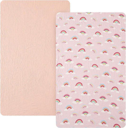 david's kids Muslin Mini Crib Sheets, 2 Pack Cotton Pack N Play Sheets for Boys Girls Neutral, Soft Breathable Baby Sheets Fit Pack N Play, Playard and Mini Crib Mattresses, Rainbow
