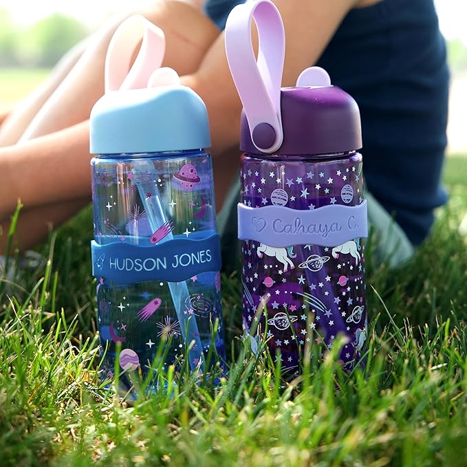 InchBug Orbit Labels - Baby Bottle Name Labels for Daycare, Sippy Cup Bands - Engraved Silicone, Reusable, Dishwasher Safe, Matching Color Personalization, 4-Pack (Tropical Lagoon)