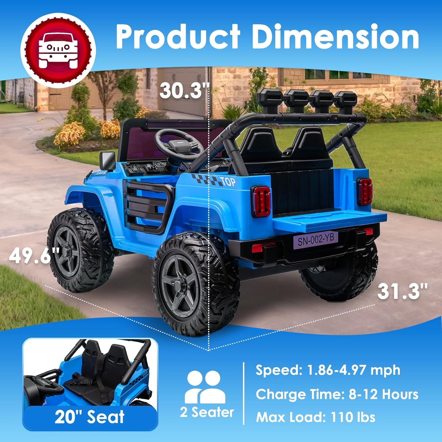 24V 2 Seater Ride On Truck with Remote Control 4WD Electric Car for Kids Ride On Car Battery Powered Ride On Toy Car with Music Player, LED Lights, Bluetooth, Rear Shock Absorber, Blue