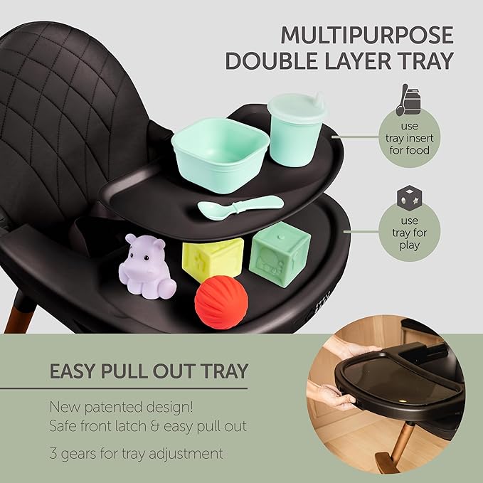 Convertible High Chair for Babies, Toddlers, Kids & Children - Wooden Highchair with Adjustable Height & Dishwasher Safe Tray - Wood Feeding & Dining Chair - Converts to Booster Seat (Black)