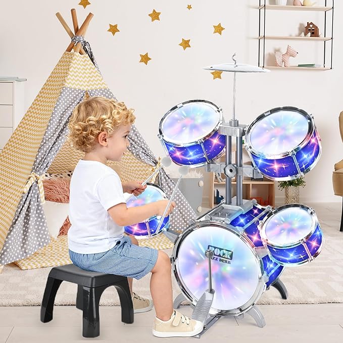 Upgraded Kids Drum Set for Toddlers w/ Light (All Plastic), Musical Gifts Toys for Boys Girls, Kids Jazz Drum Kit for Beginner Music Practice, Christmas Birthday Gift