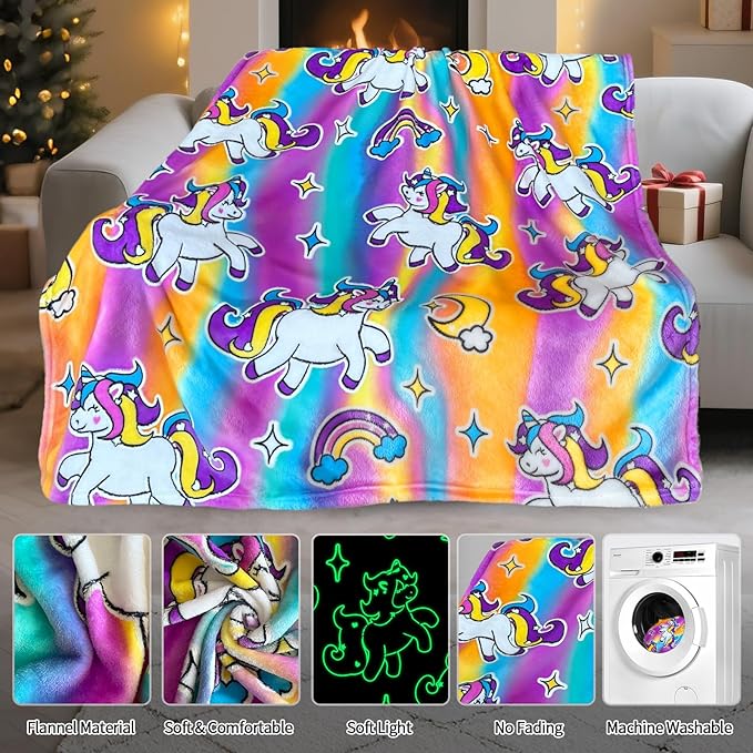 Unicorn Glow in The Dark Blanket, Unicorn Blanket for Girls/Kids, Unicorns Gifts for Girls Age 3-12, Toddler Blanket for Kids, Soft Fleece Blanket Throw Birthday Gift 50"x60"