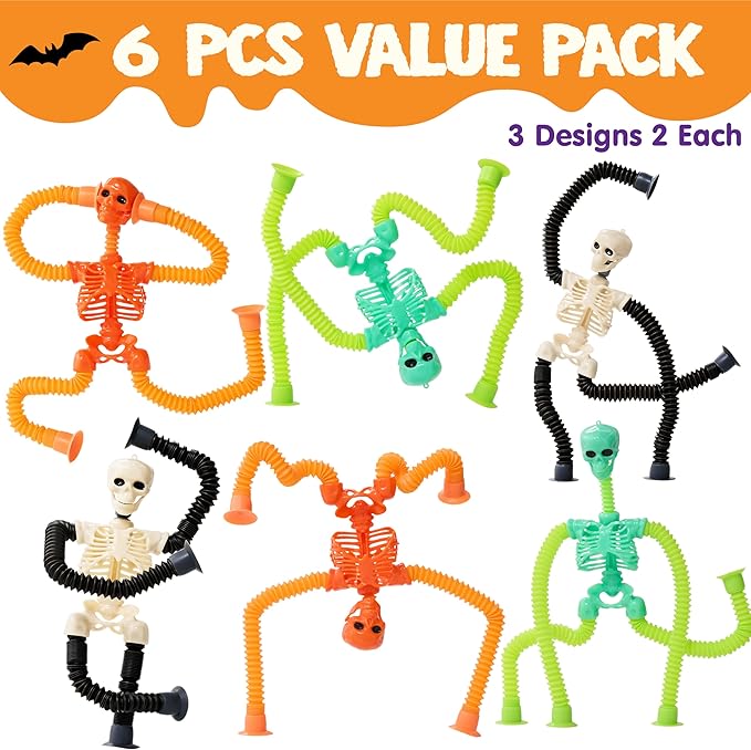 JOYIN 6 PCS Halloween Pop Sensory Tube Stretchy Toys, Glow in The Dark Fidget Toys for Halloween Party Favor Goodie Bag Fillers, Stress Relief Telescopic Suction Cup Skeleton Toys for Kids Gift