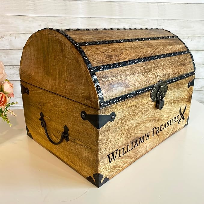 Nautical Cove Personalized Wood Treasure Chest - Pirate Chest with Custom Engraving (X-Large 16x12x12) – Decorative Storage Chest, Wooden Keepsake Box