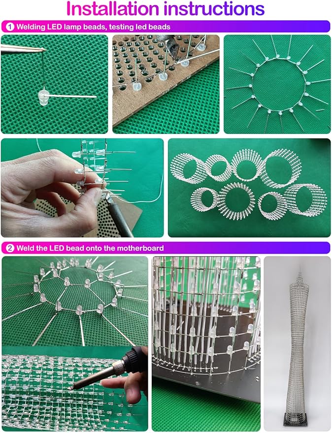 Led Canton Tower Model DIY Electronic Kit, LED Cube Model Handmade Soldering Project Kit, 64 LED Circles, Height 1 Meter. (GZT-64)