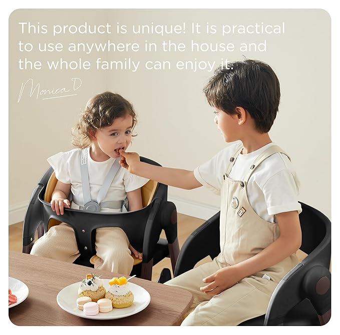 KUB High Chair for Babies and Toddlers Adjustable Foldable Convertible 5 Point Harness Easy Clean Wood-Printed Metal with Removable Tray Baby Highchair for Family (Black&Walnut Wood-Printed Metal)