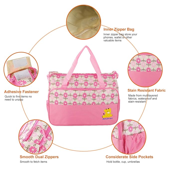 5PCS Diaper Bag Tote Set for Baby Essentials – Large Baby Bags for Mom, Waterproof Maternity Bags with Bottle Bag, Food Bag & Changing Pad (Pink)