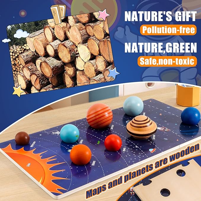 COOLDUCK 30 Pcs Wooden Solar System Model Board Toy Kit, Montessori Planet Balls Toys with Astronaut Figures, Preschool Learning Educational Puzzle, Space Knowledge Flash Cards Learning Toys for Kids