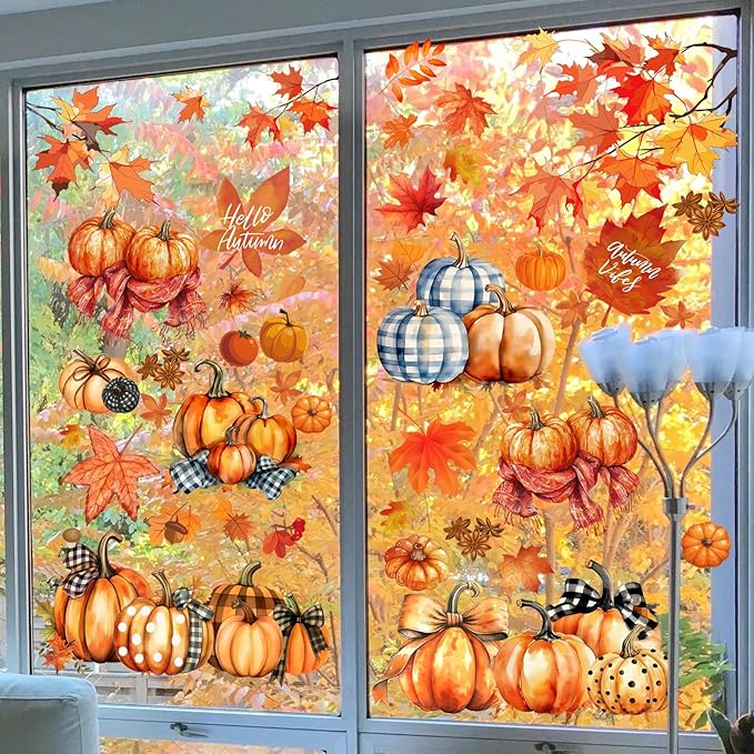Autumn Pumpkin Window Stickers, Autumn Maple Leaf Decoration Stickers, Thanksgiving Harvest Window Stickers, Double-Sided Printing Suitable for Holiday Decoration