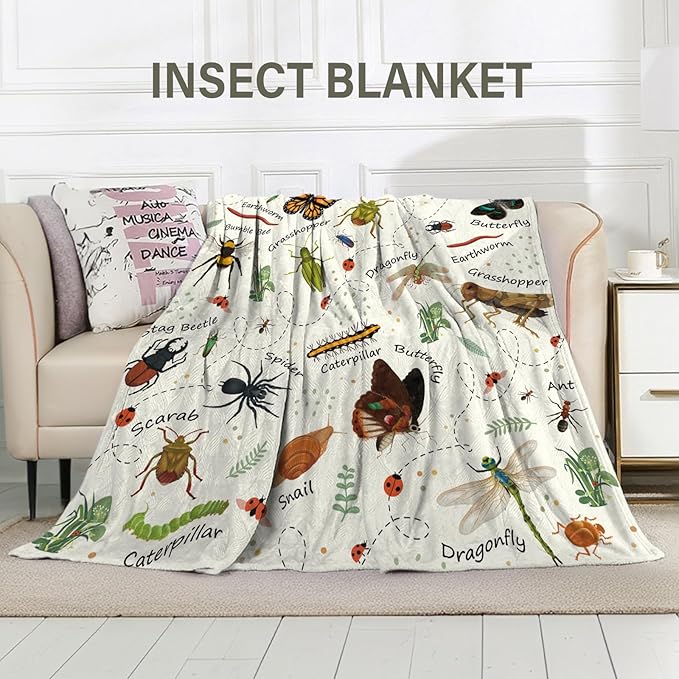 Insects Blanket Gifts for Women, 50"*60" Blanket Gift for Boys Girls Birthday Christmas Thanksgiving, Insect Bug Decor, Entomology Gifts for Kids Who Love Bugs