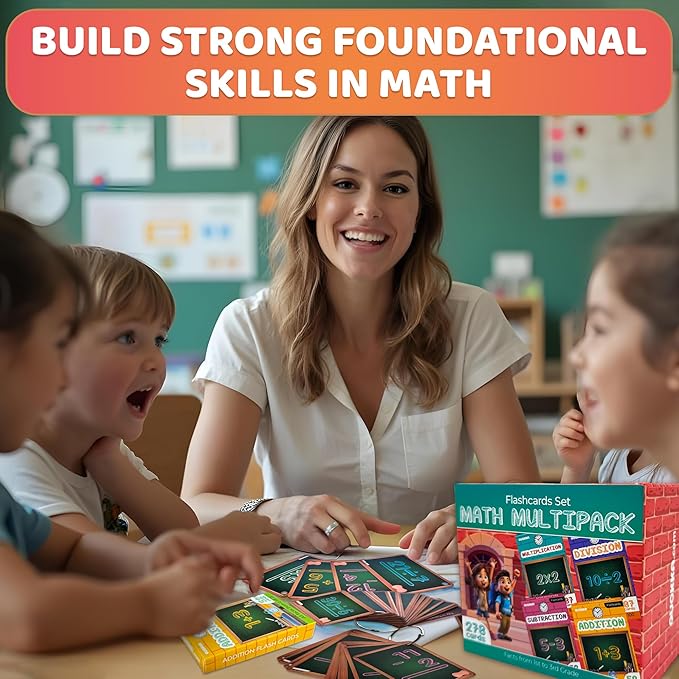 QUOKKA Math Flash Cards for Kids Ages 4-8 - Addition and Subtraction, Multiplication and Division Games for Kids 5-7 - 278 Double-Sided Flashcards for Studying - Large Bold Fonts - Flash Card Rings