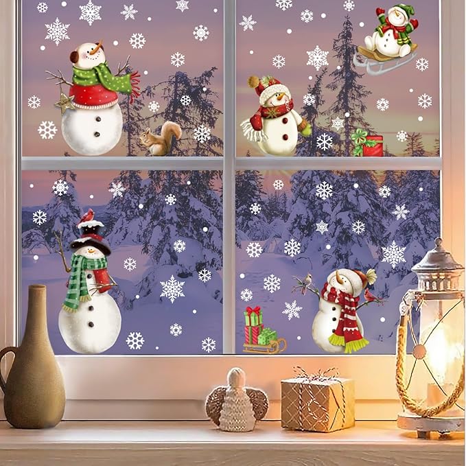 Christmas Window Clings，Snowflake Stickers，Snowman Decals，Stickers for Windows Glass，Winter Window Cling，Christmas Decorations Holiday