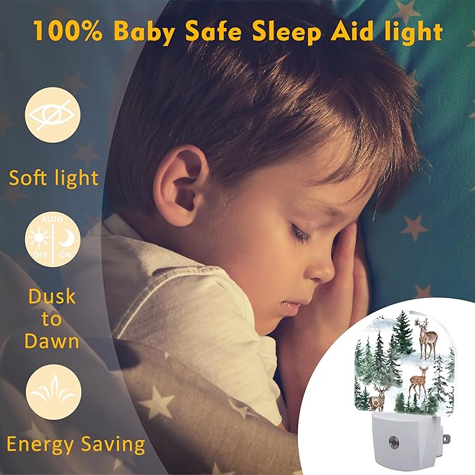 Winter Deer and Snowy Forest Night Light for Kids,Christmas Pine Trees Deer Night Light Plug in with Dusk to Dawn Sensor,0.5w Energy Saving Nightlight for Hallway Stairway Kitchen Bedroom