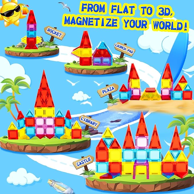 Mini Magnetic Tiles for Kids, Magnetic Building Set, Construction STEM Travel Toys for Boy Girl Ages 3+, Montessori Preschool Learning Educational Sensory Magnet Creative Toy Gift for Toddlers, 32 Pcs