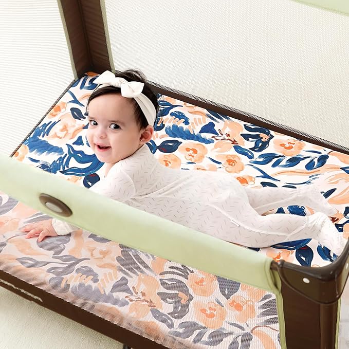 GRSSDER Pack n Play Sheets Fitted 3 Pack, Stretchy Ultra Soft Jersey Knit Pack and Play Sheets, Universal Fitted Portable/Mini Crib Mattresses Snug and Safe, Dream & Blush Flora Print