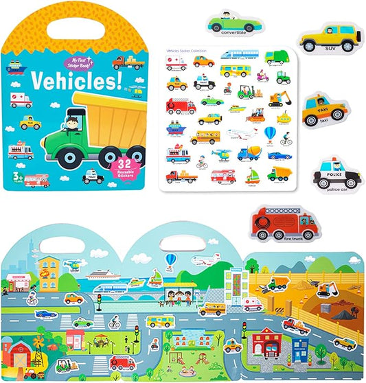 Jelly Reusable Sticker Books for Toddlers 1-3 2-4 Years, Portable Travel Toys Sticker Activity Book for Kids 2 3 4 Year Old Girls Boys (Vehicles)