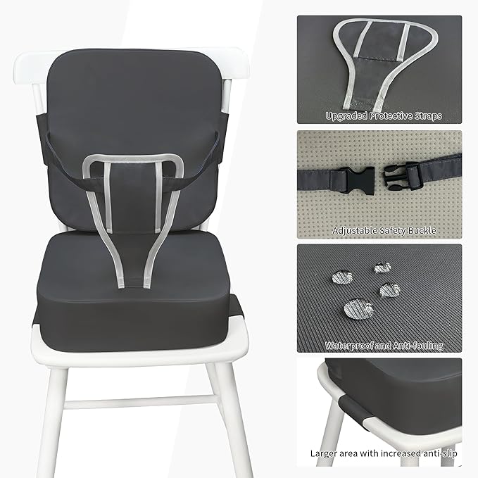 Toddler Booster Seat for Kitchen Chair and Dining Table, Non-Slip Cushion with Backrest, Adjustable Straps, Waterproof and Portable for Travel - Dark Grey
