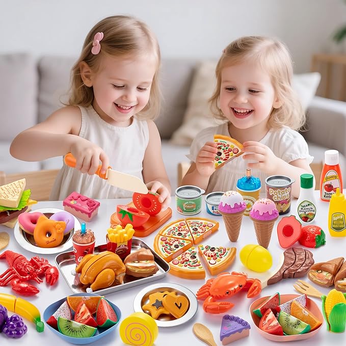 Juboury Pretend Play Food Set for Toddlers, Cutting Toy Food with Storage Bag, Stainless Steel Tray and Plates, Food Toys with Veggies, Fruits, Dessert, Pizza Toy, Play Kitchen Accessories for Kids