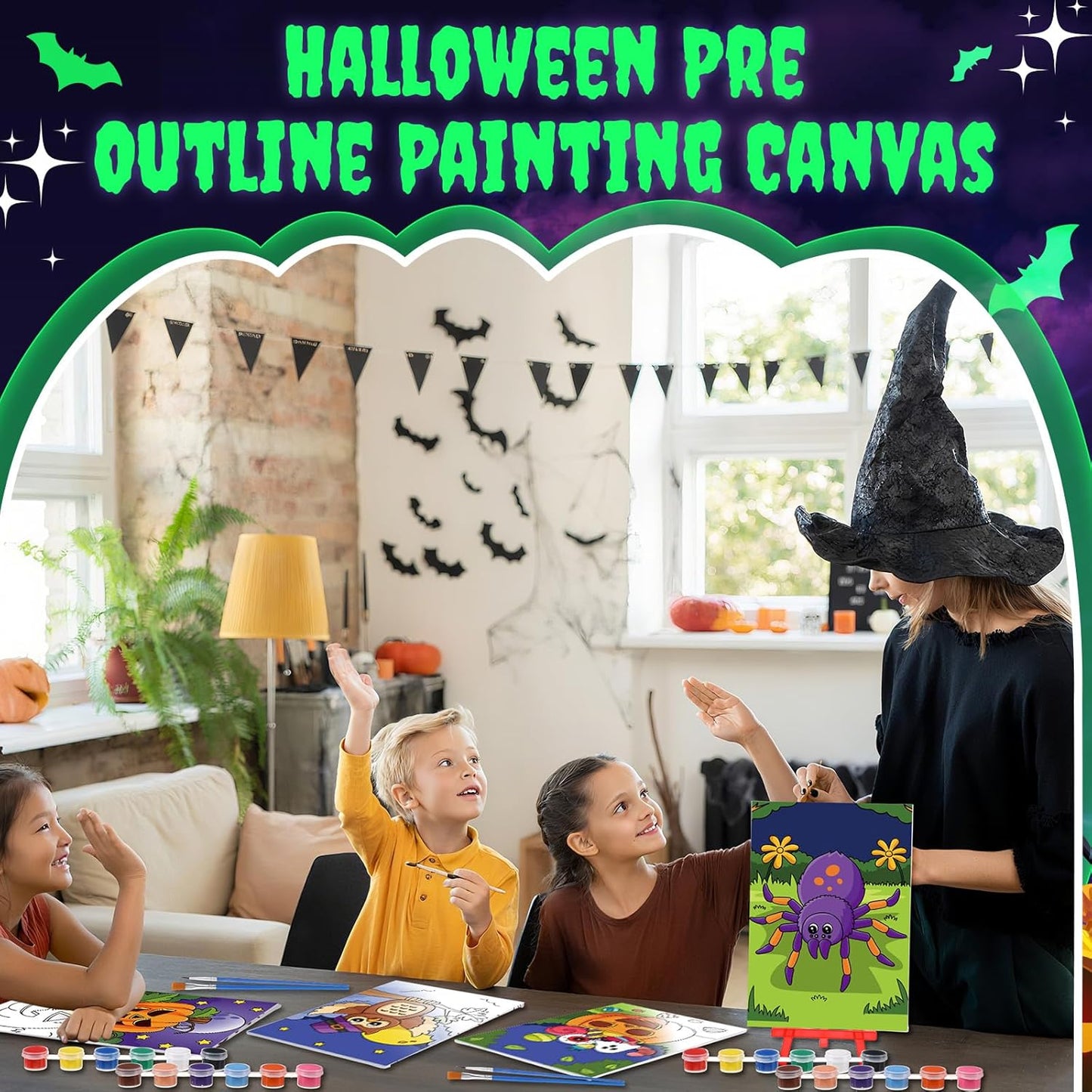 Blosssound 10 Set Pre Printed Canvas Pre Drawn Canvas Painting with Easel Kits 5" x 7" Outline Painting Panels for Beginners, DIY Craft Project, Party Favor, Home Decors(Spider)