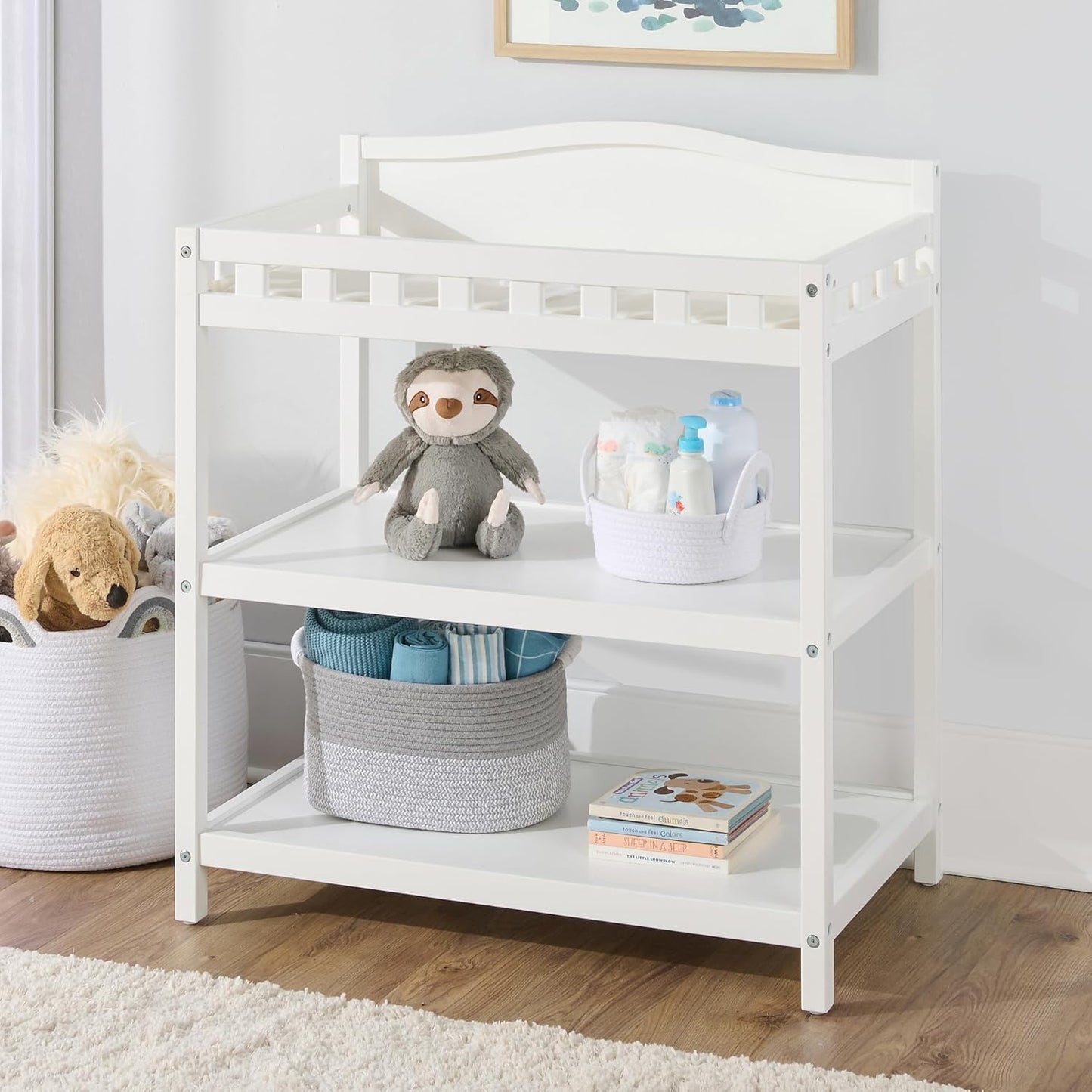 Badger Basket Baby Changing Table with Pad & Shelves - Wooden Changing Table with Storage - Nursery Change Table for Diapers & Baby Essentials, White