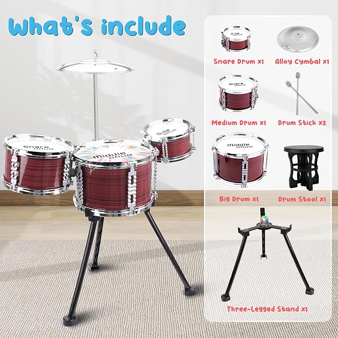 Upgraded Toddler Drum Set with Lights Kids Jazz Drum Kit, Musical Instrument Toys for Toddler 1-3 3-5 Boys Girls Christmas Birthday Gift