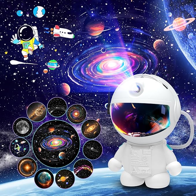 Space Galaxy Night Light Projector, Ultra-HD Astronaut Design, 12 Film Discs, LED Display with Adjustable Brightness