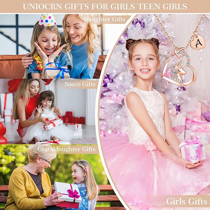 Hidepoo Unicorn Necklace Gifts for Girls - Colorful CZ Heart Pendant Initial Unicorns Necklaces for Teens Little Girls Jewelry Birthday Gift for Girl Daughter Granddaughter Niece