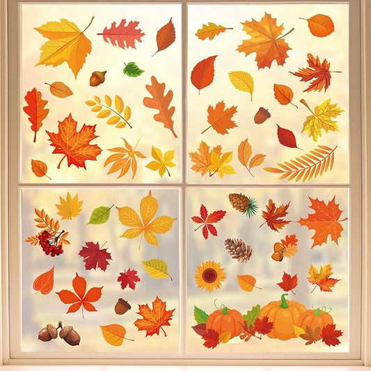 Whaline 124Pcs Fall Window Clings Colorful Maple Leaves Pumpkin Pine Reusable Window Decals for Autumn Thanksgiving Harvest Party Seasonal Holiday Home School Supplies