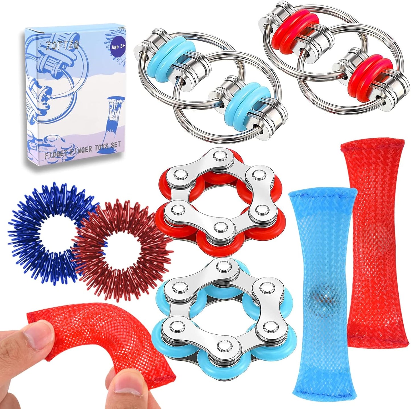 Marble Mesh Fidget Toys Set - 8 Pcs Sensory Fidget Toys for Adults Anti Stress Flippy Bike Chain Acupressure Rings Metal Fidget Toys for Teens Boys &Girls ADHD Christmas Toys Stocking Stuffers