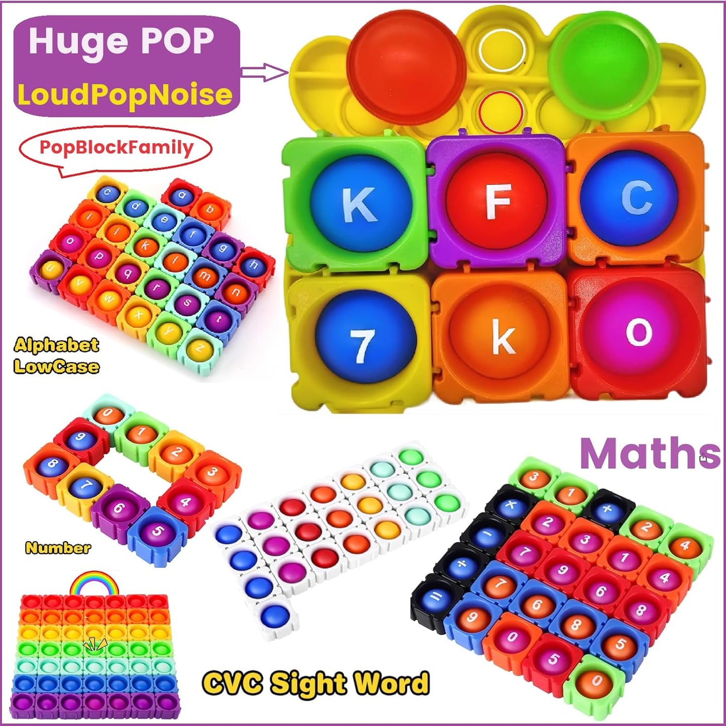 JeewLet-POP MultiSensory Pop-Number-Fidget-Classroom-Toys。Giant Rainbow Silicone Bubble&Loud Crisp Sound&DIY-Pops-Its-Fidget-Toys-Building-Block-Game.Funny Rainbow Learning Math Pops (0-9 10Pcs