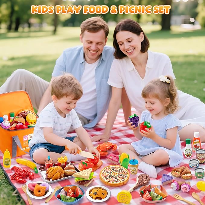 Juboury Pretend Play Food Set for Toddlers, Cutting Toy Food with Storage Bag, Stainless Steel Tray and Plates, Food Toys with Veggies, Fruits, Dessert, Pizza Toy, Play Kitchen Accessories for Kids