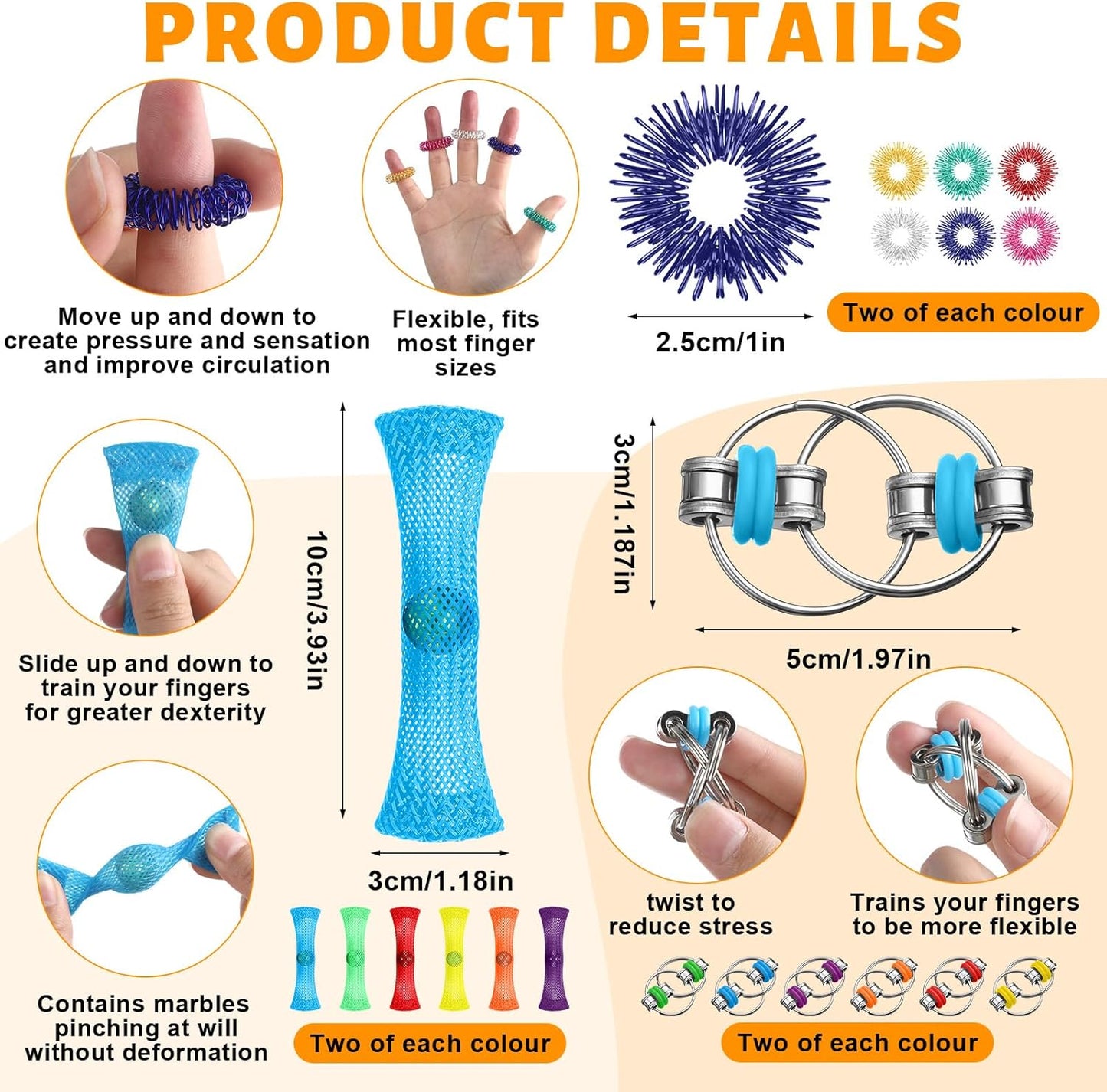 90 Pcs Sensory Fidget Toys Include 12 Sensory Rings 12 Flippy Roller Chain 12 Marble Mesh Fidget Toy 54 Anxiety Sensory Stickers for ADHD Autism Adults Teens Classroom Anxiety Stress Relief