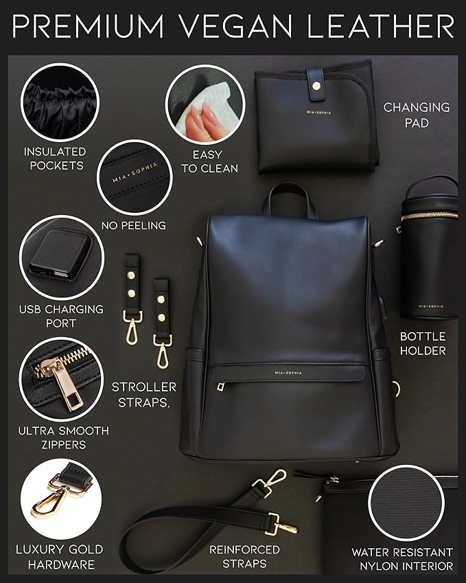 MIA + SOPHIA Leather Diaper Bag Backpack with USB Charging port, Changing Pad, Stroller Straps (Black Mia)