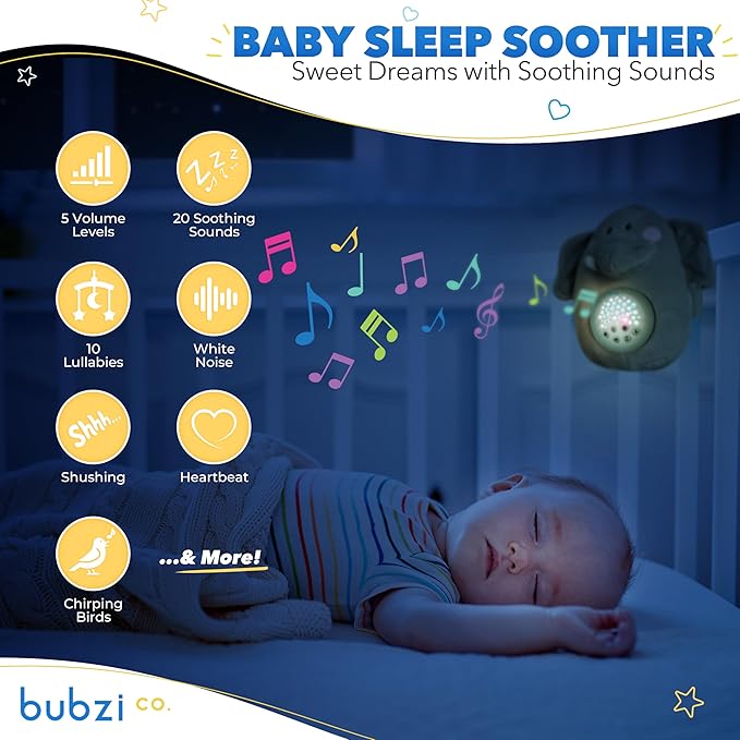 Bubzi Co Sound Machine, Portable Elephant Soother & Night Light Projector, Comforting Electronic Infant Toddler Sleep Aid & Baby Shush With White Noise